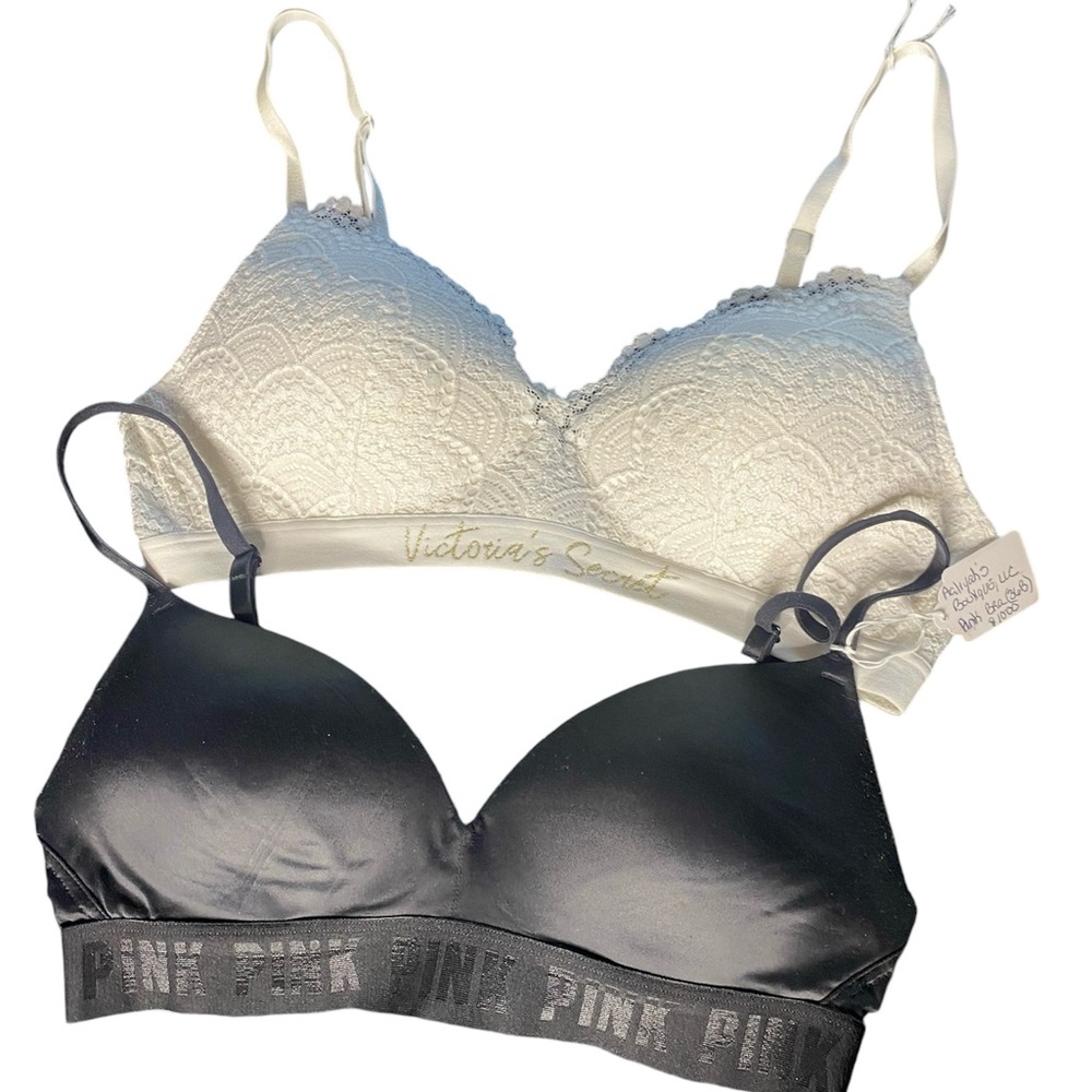 Lot of 2 Victoria's Secret White Lace Bra and PINK Black Bra Set 36B